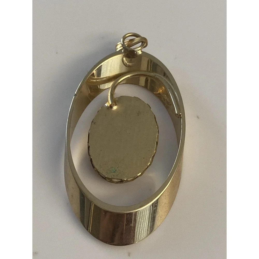 VTG Mid-Century Modern Floating Mother of Pearl Oval Pendant Gold Tone